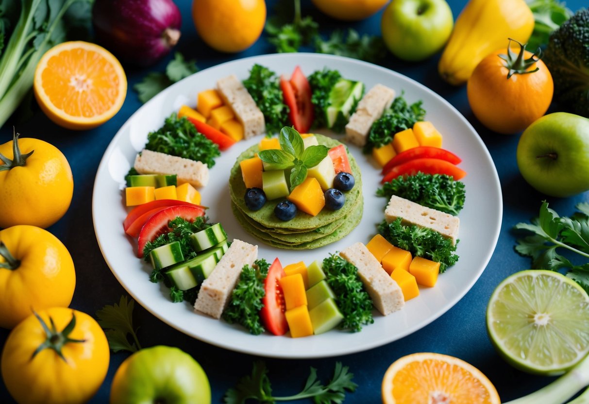 A plate with healthy, colorful meals arranged in a balanced manner, surrounded by fresh fruits and vegetables